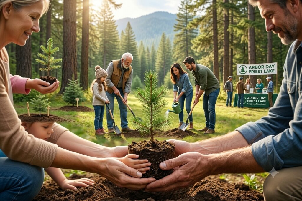 Community members celebrating an Arbor Day tree-planting event in the Priest Lake forest area.