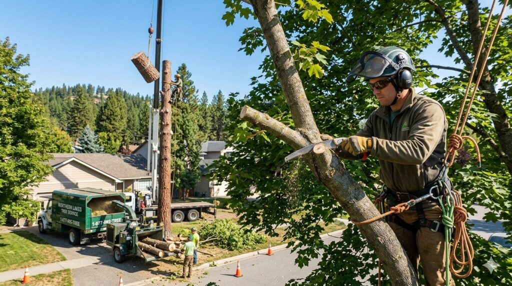 Professional ISA-certified arborist performing precision tree removal and pruning in Coeur d'Alene.