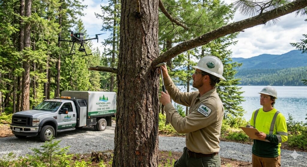 Northern Lakes Tree Service professionals conducting a comprehensive tree health inspection with a drone, specialized testing equipment, and a company service truck by the lake.