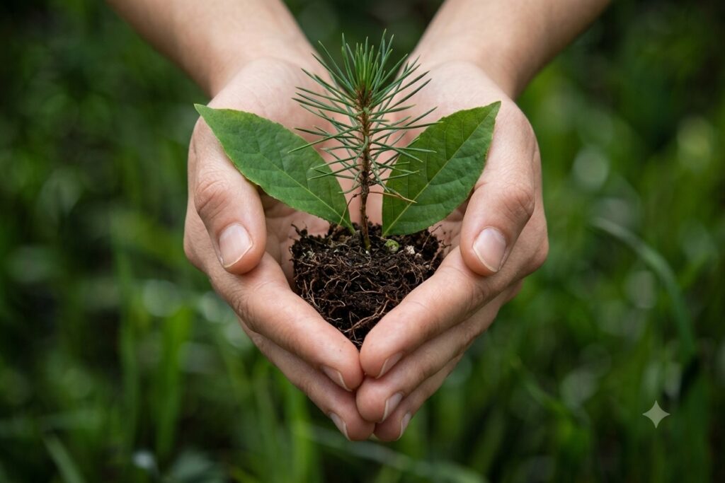 Close-up of hands gently holding a young sapling with soil and roots, symbolizing professional environmental stewardship.