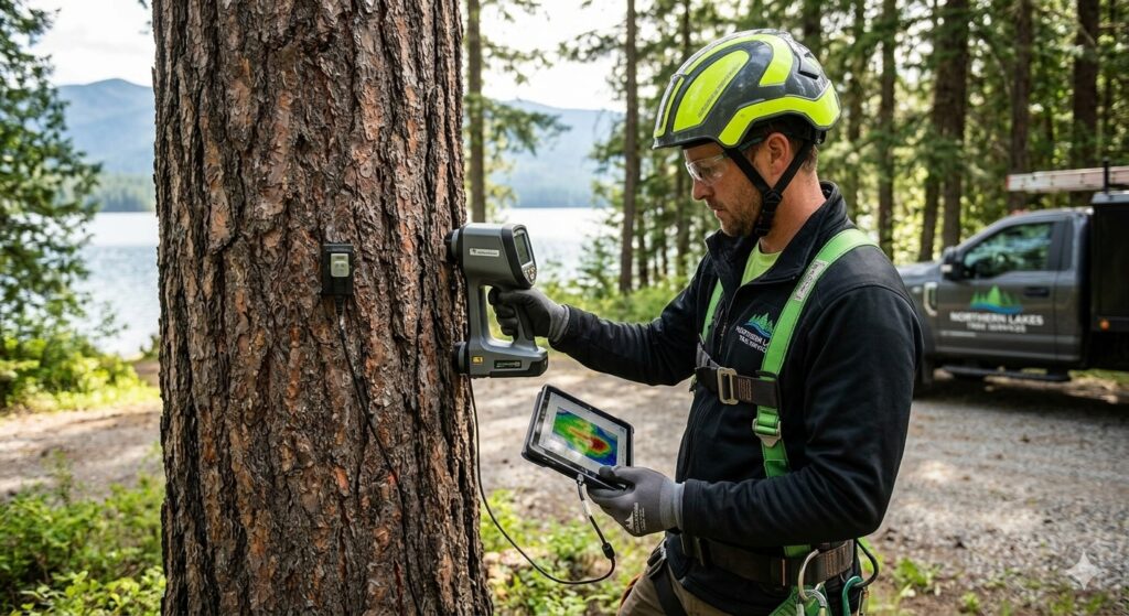 A professional arborist using a sophisticated ultrasound device to perform an advanced internal tree health inspection in a scenic North Idaho setting.