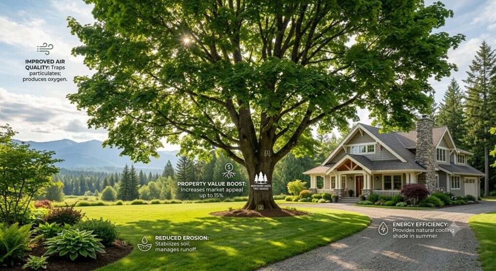 Infographic displaying the importance of trees for residential property, highlighting benefits like air quality, energy efficiency, and increased value.