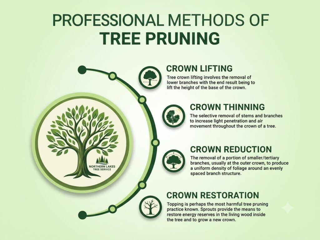 An infographic detailing four professional methods of tree pruning: crown lifting, crown thinning, crown reduction, and crown restoration, featuring the Northern Lakes Tree Service logo.