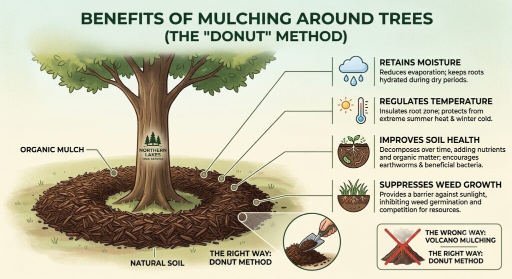 Diagram showing how mulching can help trees by retaining moisture and protecting roots.