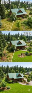 A clear comparison of professional landscape maintenance results: overgrown residential yard (left) is transformed into a neat, healthy lawn (right).