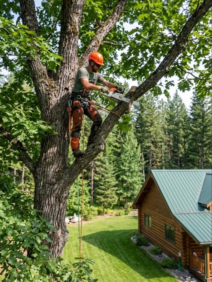 Professional arborist safely pruning a mature tree in a residential yard to improve health and structure.