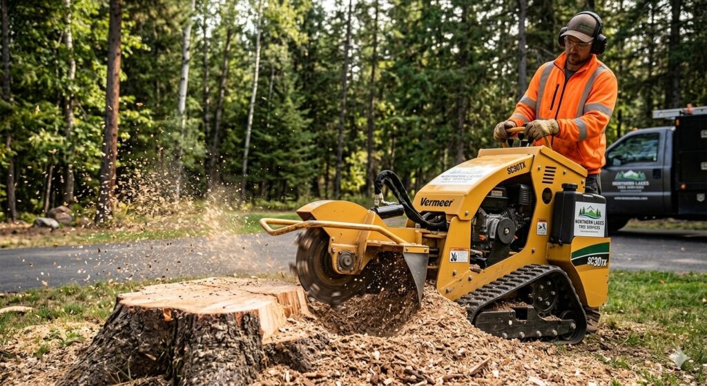 A professional technician in high-visibility gear operating a powerful stump grinder to remove a tree stump in North Idaho.