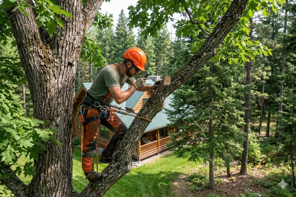 Professional arborist in safety gear inspecting a mature tree limb in a residential yard near a house to assess health and safety.