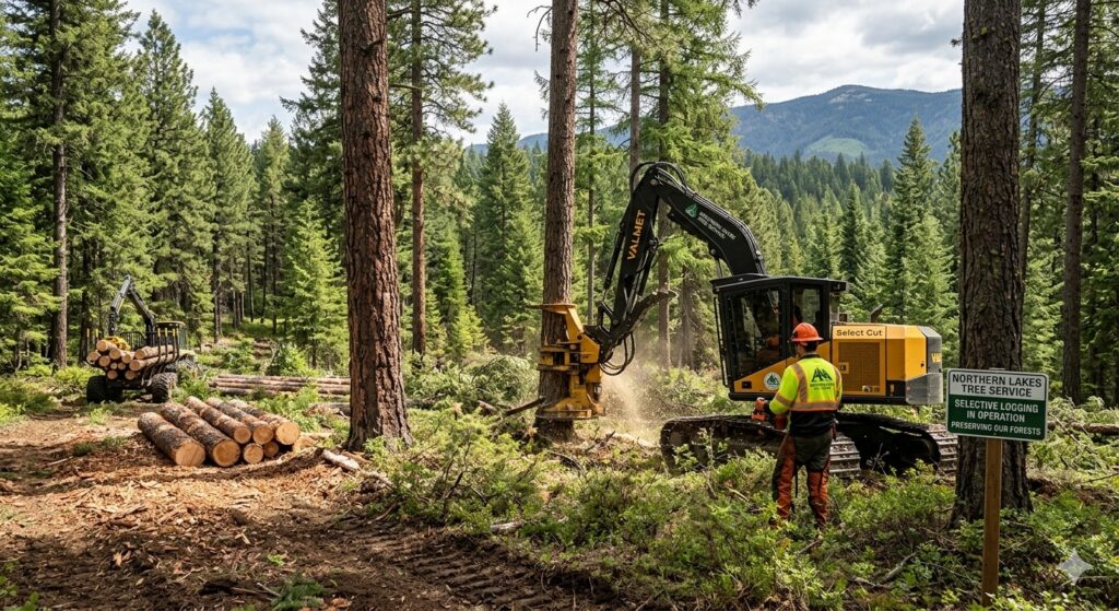 A professional operator performing selective logging in a North Idaho forest to improve tree health and reduce wildfire risk