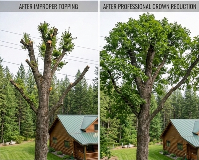 A side-by-side comparison graphic contrasting the sparse, damaged structure resulting from improper tree topping (left) with the balanced, natural shape after professional tree crown reduction (right) near a log home.