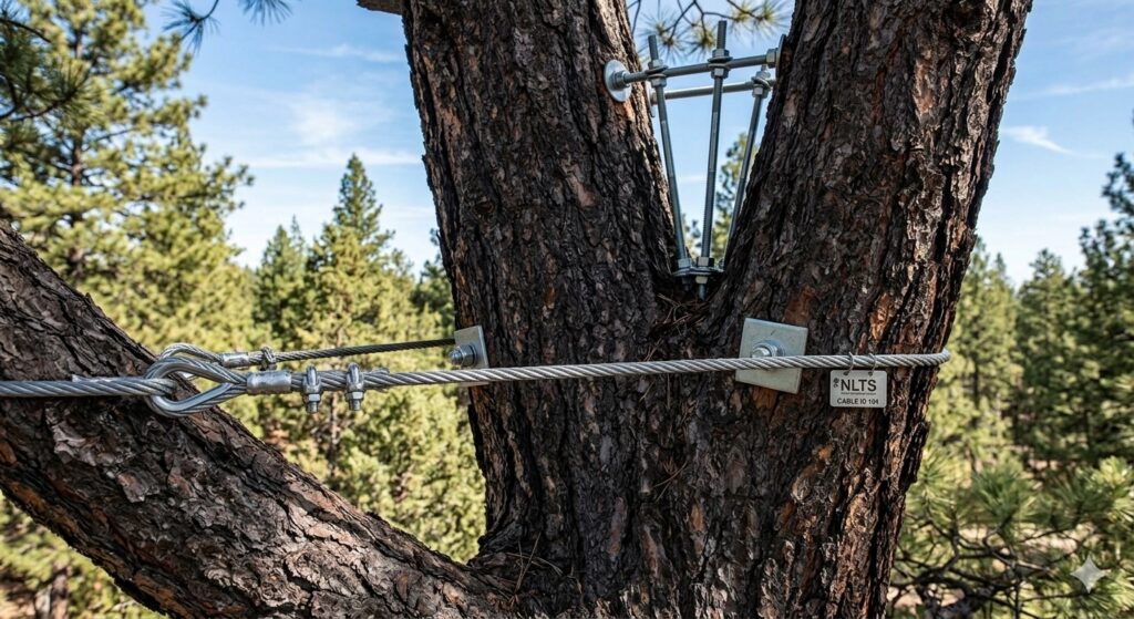 Professional installation of tree braces and cables supporting landscape health and safety.