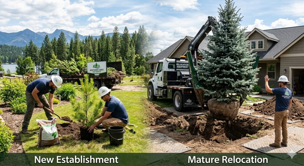 A photograph split by an invisible axis in a North Idaho forest near a lake. On the left side, under the caption 'New Establishment,' a worker digs a hole for a vibrant young pine seedling while another handles a bag of soil amendment. On the right side, under the caption 'Mature Relocation,' a large specialized tree spade truck, clearly marked with 'Northern Lakes Tree Service' and 'RELOCATION EQUIPMENT,' lowers a massive mature blue spruce with a large wrapped root ball into a freshly dug pit near a house structure.