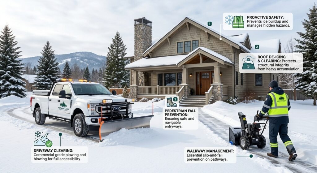 Infographic displaying professional snow removal services including driveway plowing, walkway clearing, and roof de-icing for winter safety.
