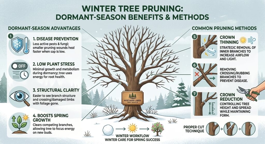 Infographic illustrating the benefits and techniques of winter tree pruning, including disease prevention, structural clarity, and proper cut methods.